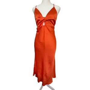 Sage + Paige Satin Cutout Midi Dress XL Orange Tie Back Elegant Chic Cocktail
